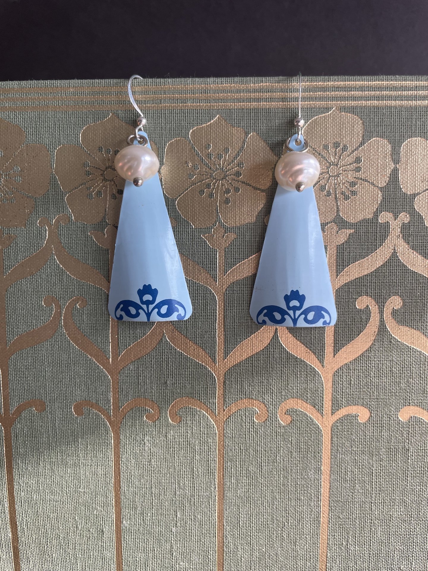 Blue Triangle Pearl Tin Earrings